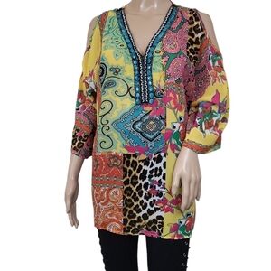 Melissa Paige Multicolor Beaded Cold Shoulder Coverup Tunic Dress M